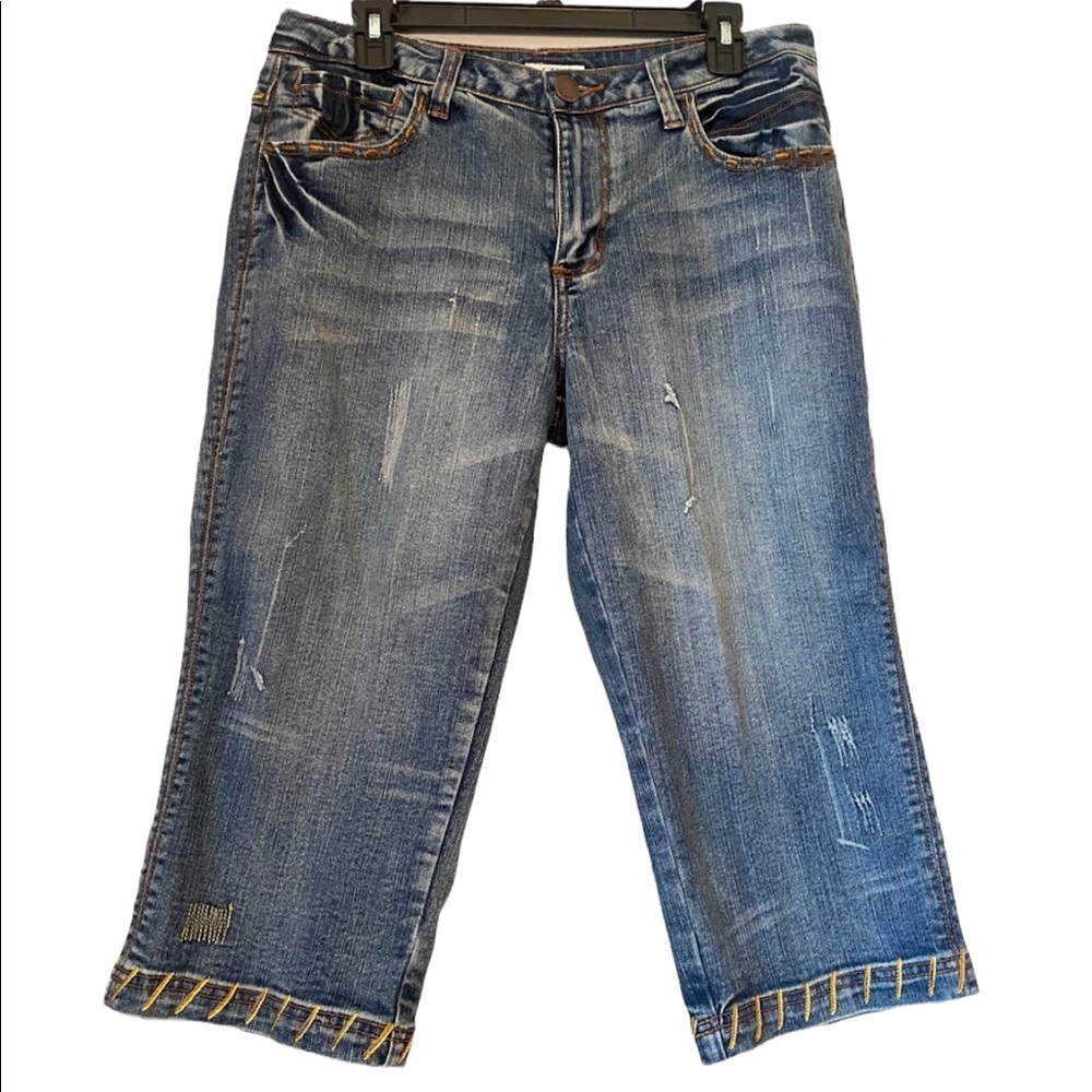 Cato Distressed Denim Capris with Embellished Stitching
